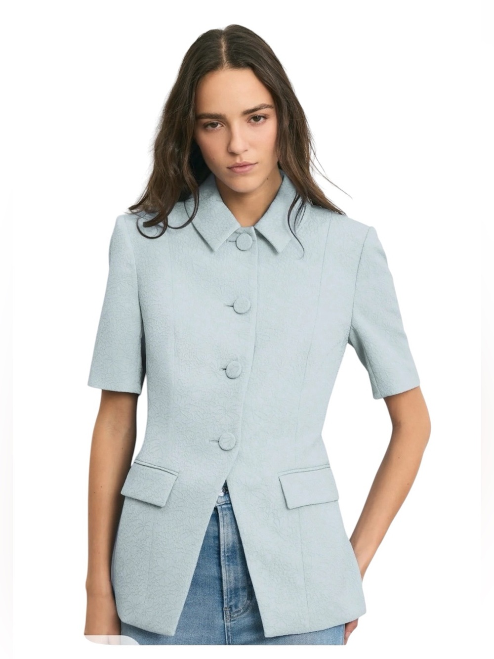 VERONICA BEARD Bodie Jacket Blue Stream Floral Jacquard Short Sleeve Blazer 14